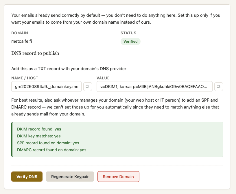 Example custom email domain settings
